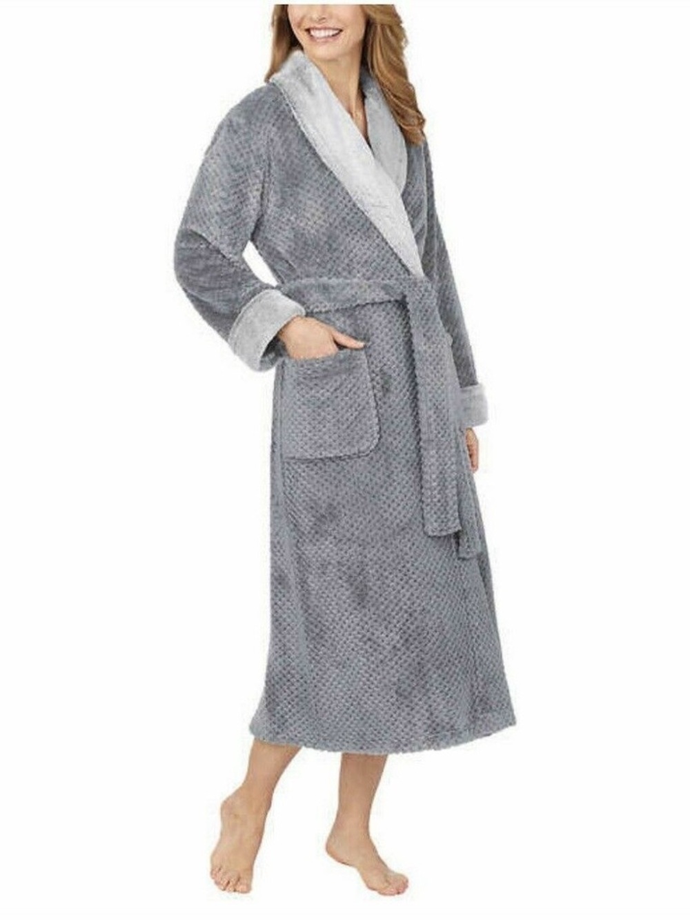 Carole Hochman Plush Shawl Collar Long Robe in Grey Size Small